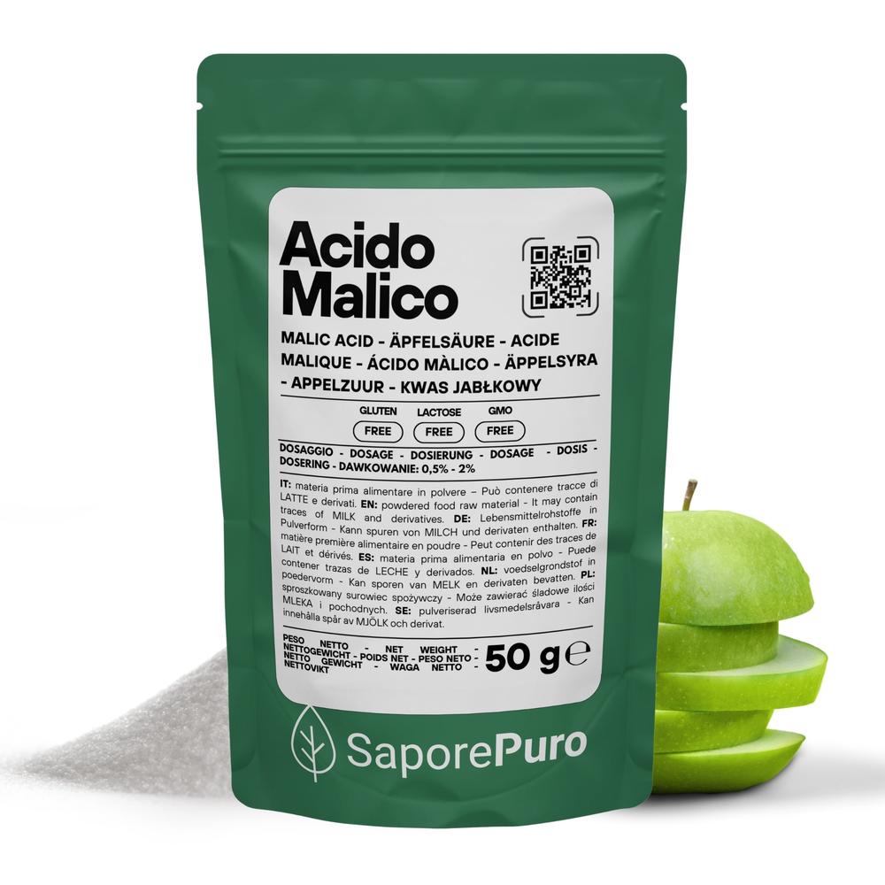 Acido malico premium SaporePuro, acidificante professionale per mixology e enologia, in confezione da laboratorio, Made in Italy.