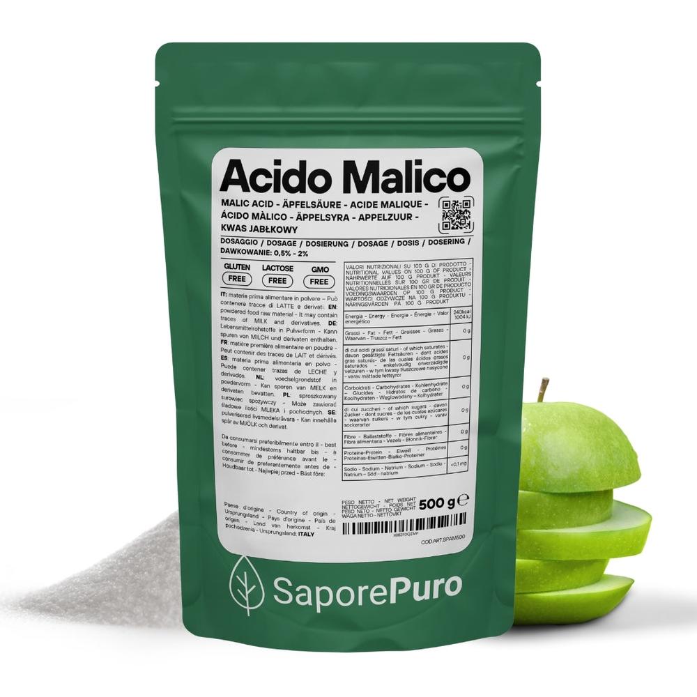 SaporePuro Acido Malico Premium, Italian professional acidifier for mixology and enology, shown in a clear container.