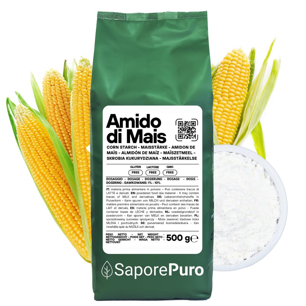 SaporePuro natural gluten-free maize starch (amido di mais) in a clear container, fine white powder for thickening and cooking.