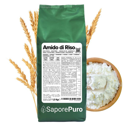 Italian SaporePuro rice starch (Amido di Riso) in a clear package, showing the fine white powder inside.