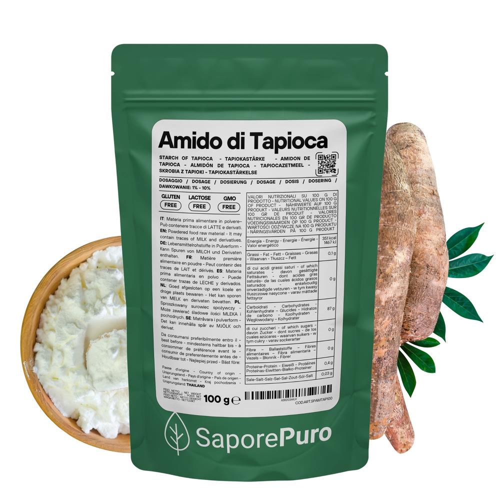 SaporePuro native tapioca starch in a bag, showcasing the fine, white tapioca granules suitable for cooking and baking.