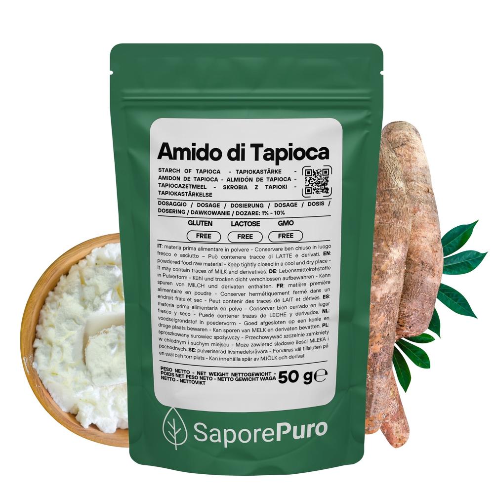Bag of SaporePuro native tapioca starch, showing the product label with tapioca pearls and ingredients on the packaging.