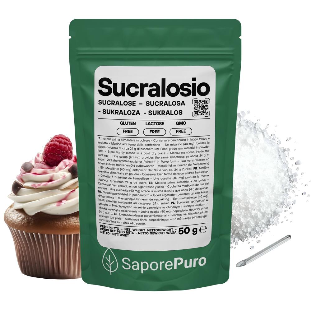 Zucchero e dolcificanti SaporePuro Sucralosio in polvere, senza calorie, ideale per dolci, bevande e preparazioni alimentari.
