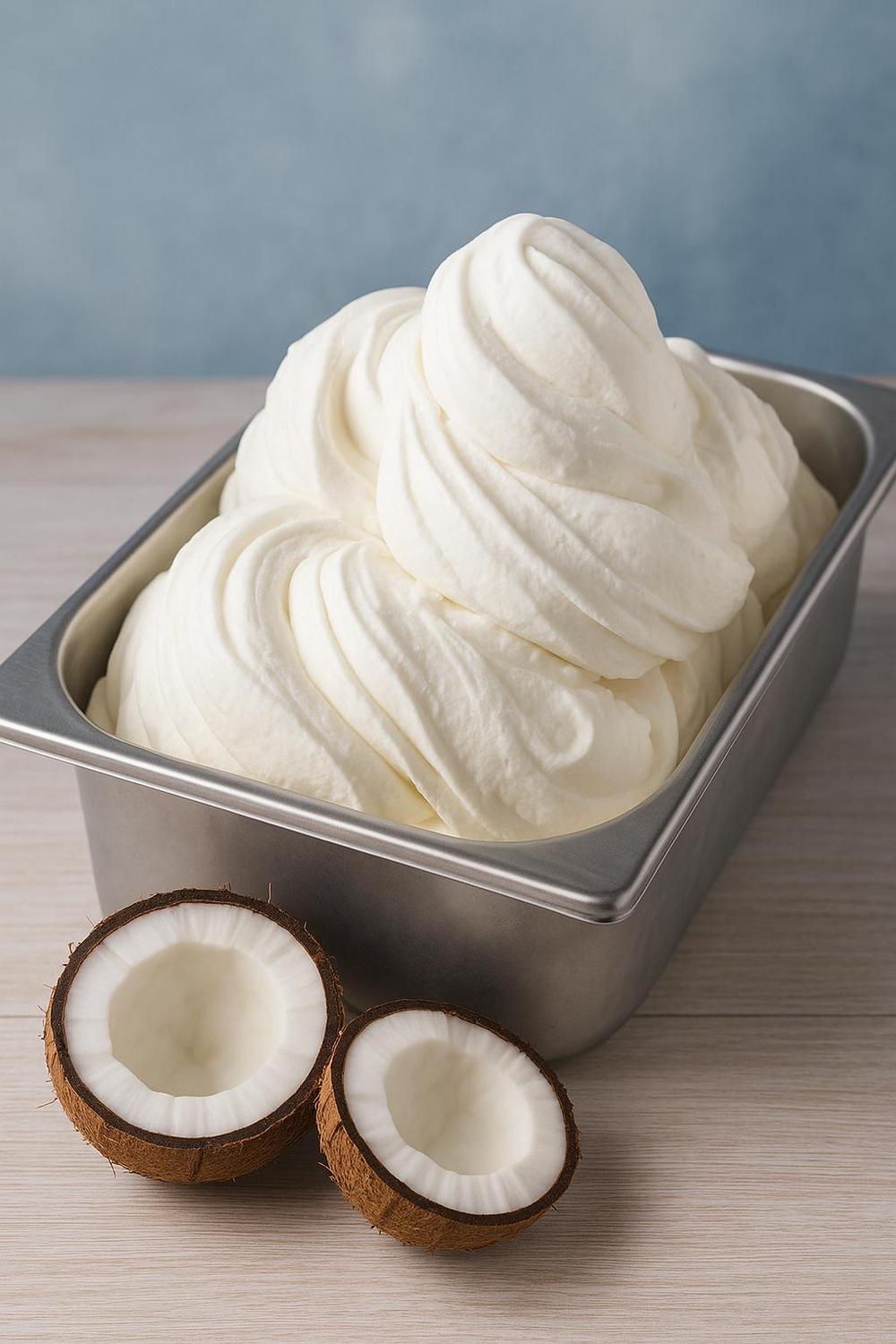 Base pronta e vegana per gelato al cocco SaporePuro, neutra, con ciotola di gelato al cocco e ingredienti naturali visibili