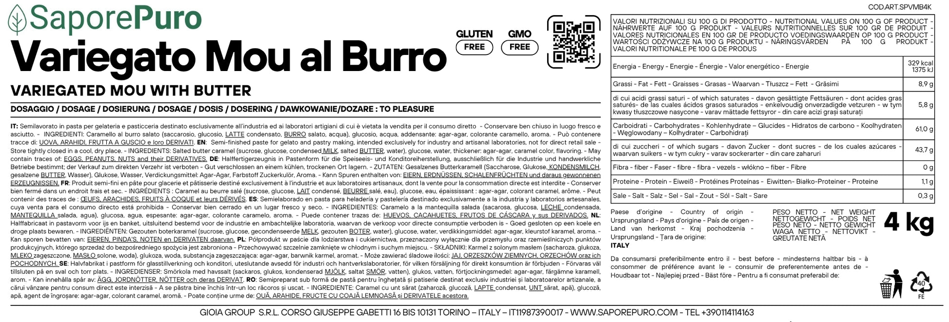 Etichetta del variegato Mou al burro SaporePuro per gelato, gusto caramello, contenuto da 4 kg, confezione visibile.