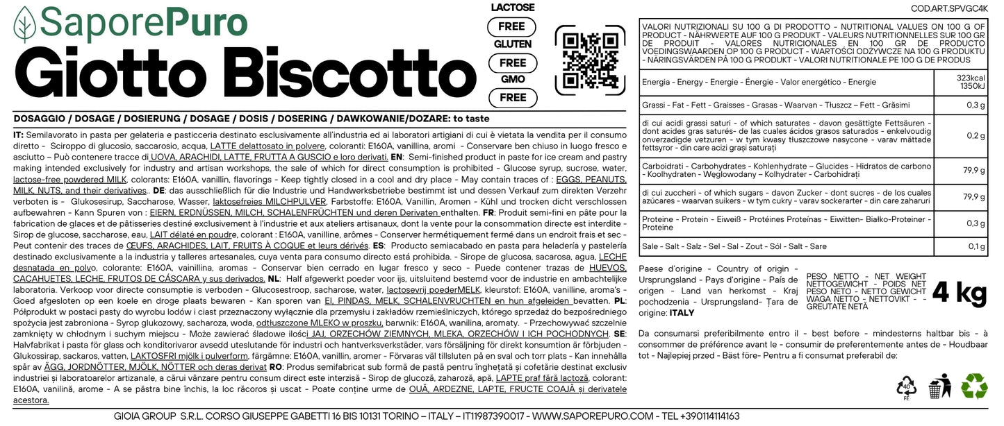 Etichetta della pasta per gelato Giotto Biscotto SaporePuro, biscotto aromatizzato, confezione da 4 kg.