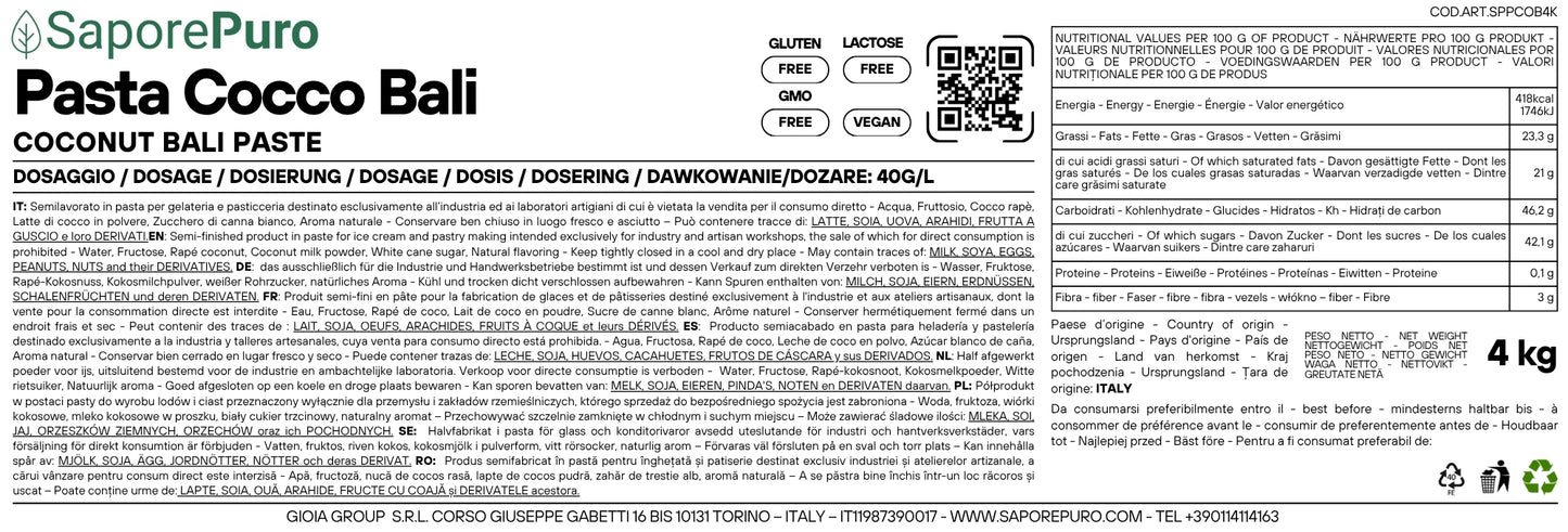 Etichetta della pasta Cocco Bali SaporePuro, 4Kg, pasta per gelato con aromi di cocco naturale e alta qualità.