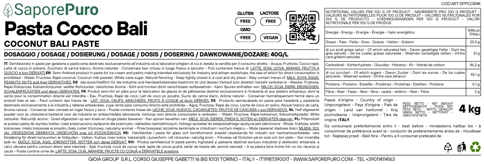 Etichetta della pasta Cocco Bali SaporePuro, 4Kg, pasta per gelato con aromi di cocco naturale e alta qualità.