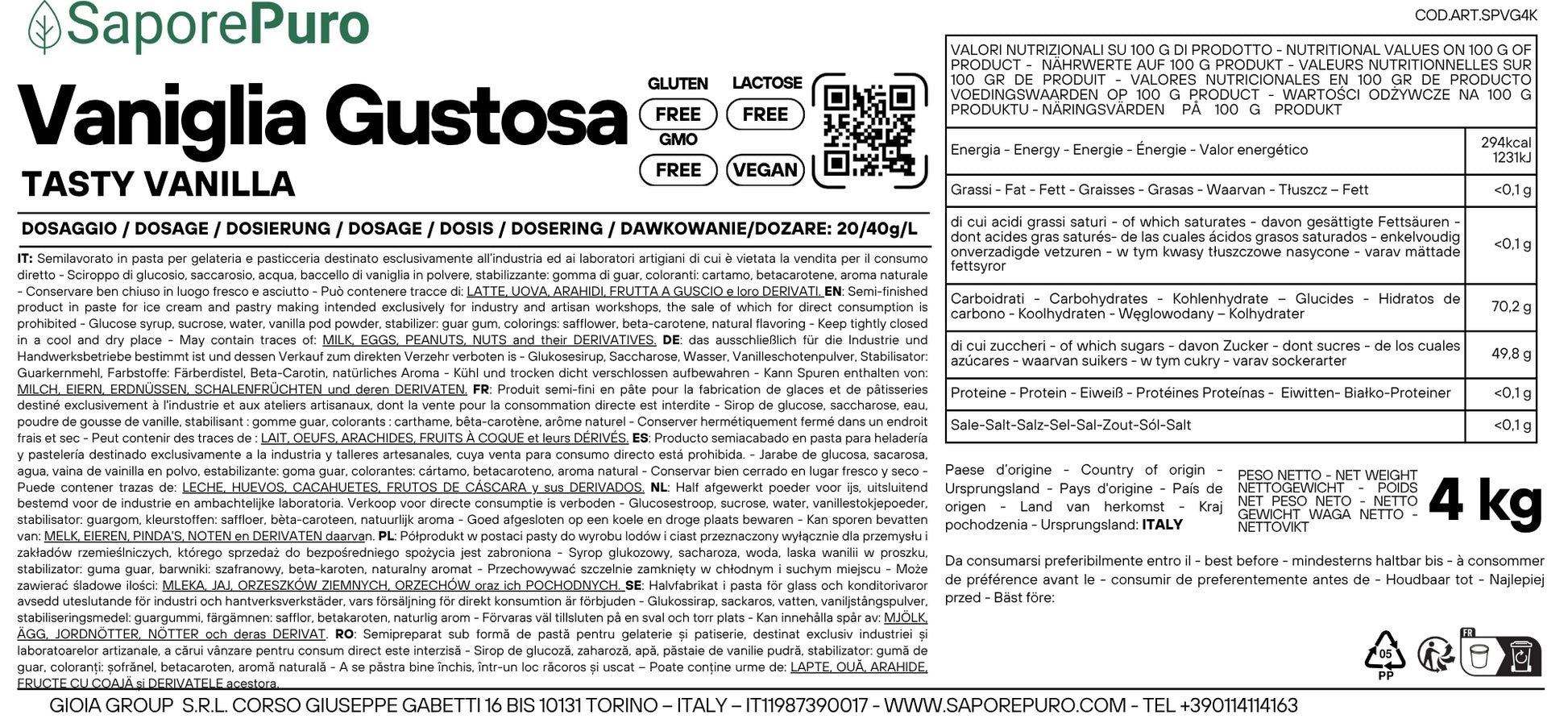 Etichetta della pasta alla vaniglia Gustosa SaporePuro da 4kg, ideale per gelato, con dettagli di confezione e marca.