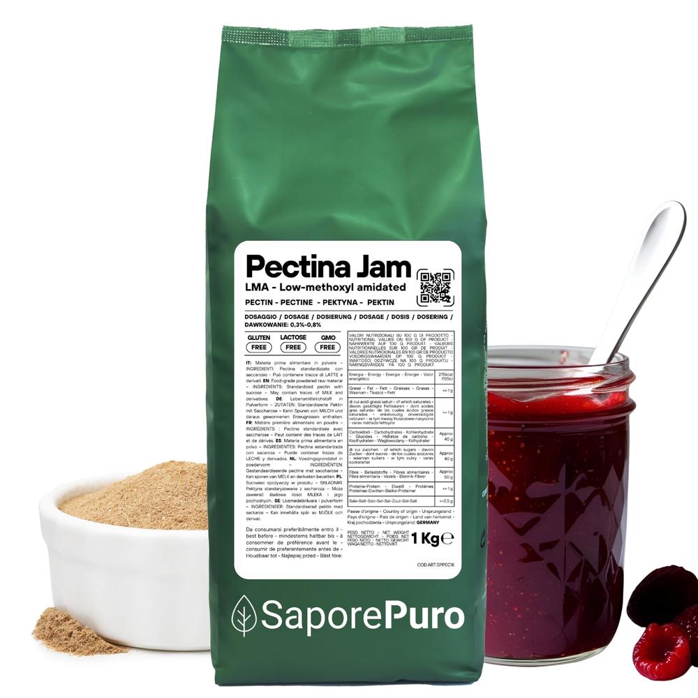 SaporePuro Pectina Jam gelatina in a jar, showing its smooth, amber-colored gelatine texture for perfect marmalade and jelly making.
