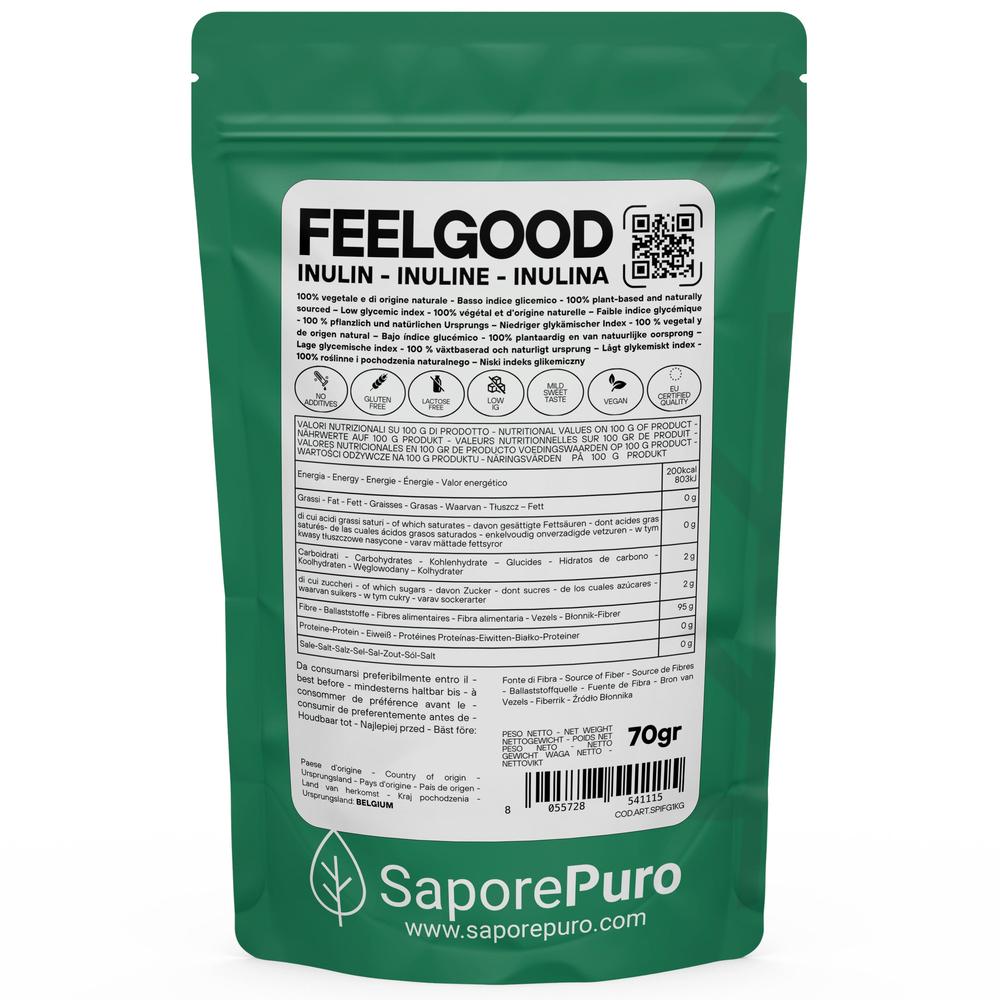 Inulina FeelGood BIG, fibra solubile prebiotica per cucina e forno, ingrediente di SaporePuro, visibile in immagine.