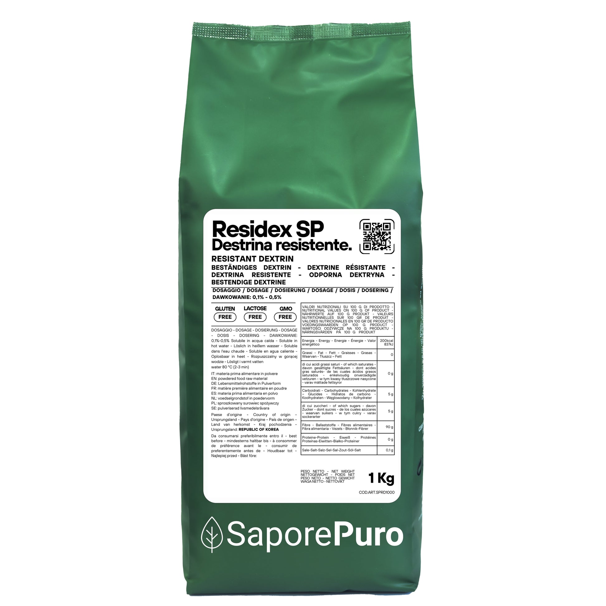 Amido resistente ResiDex SP di SaporePuro, polvere di destrina resistente da mais, vista in confezione.