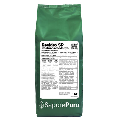 Amido resistente ResiDex SP di SaporePuro, polvere di destrina resistente da mais per alimenti e cucina salutare.