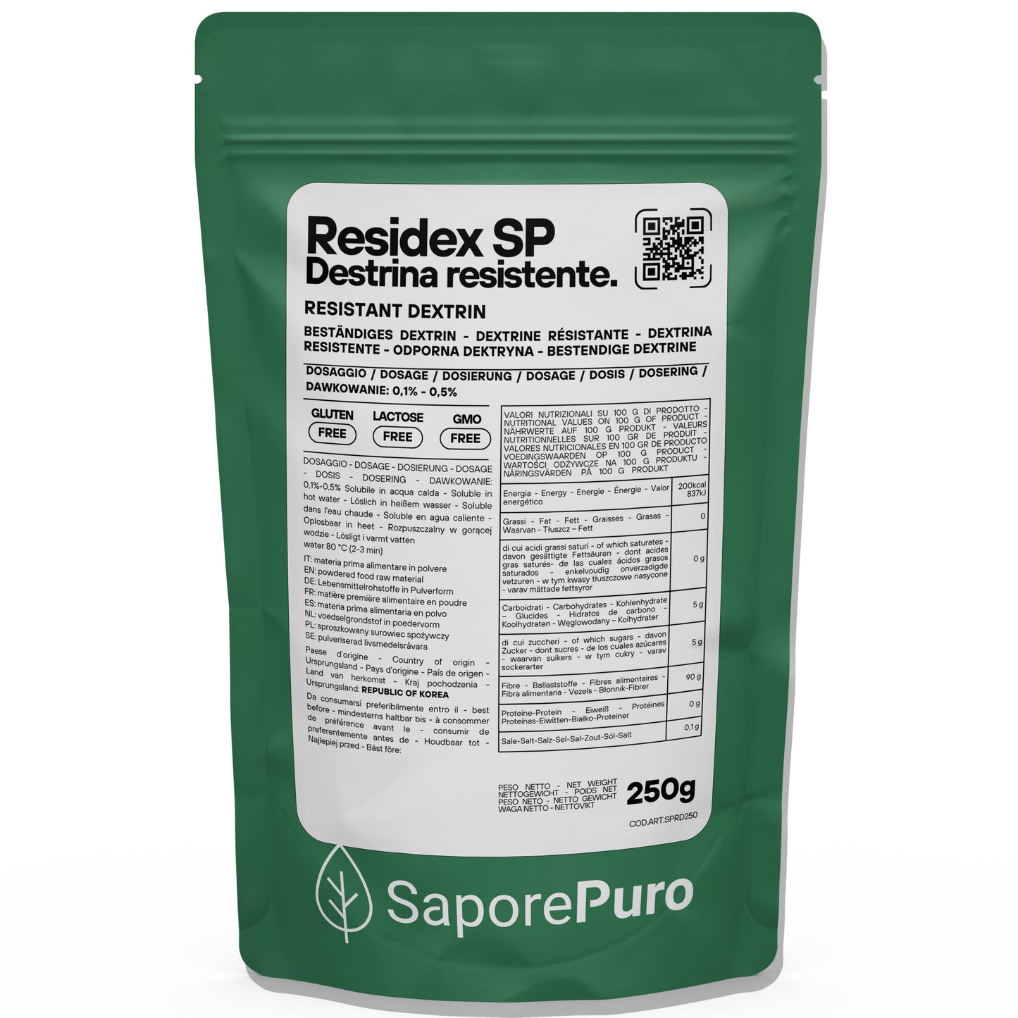 Amido resistente ResiDex SP di SaporePuro, confezione da 250g, con chicchi di mais resistente per alimenti salutari.