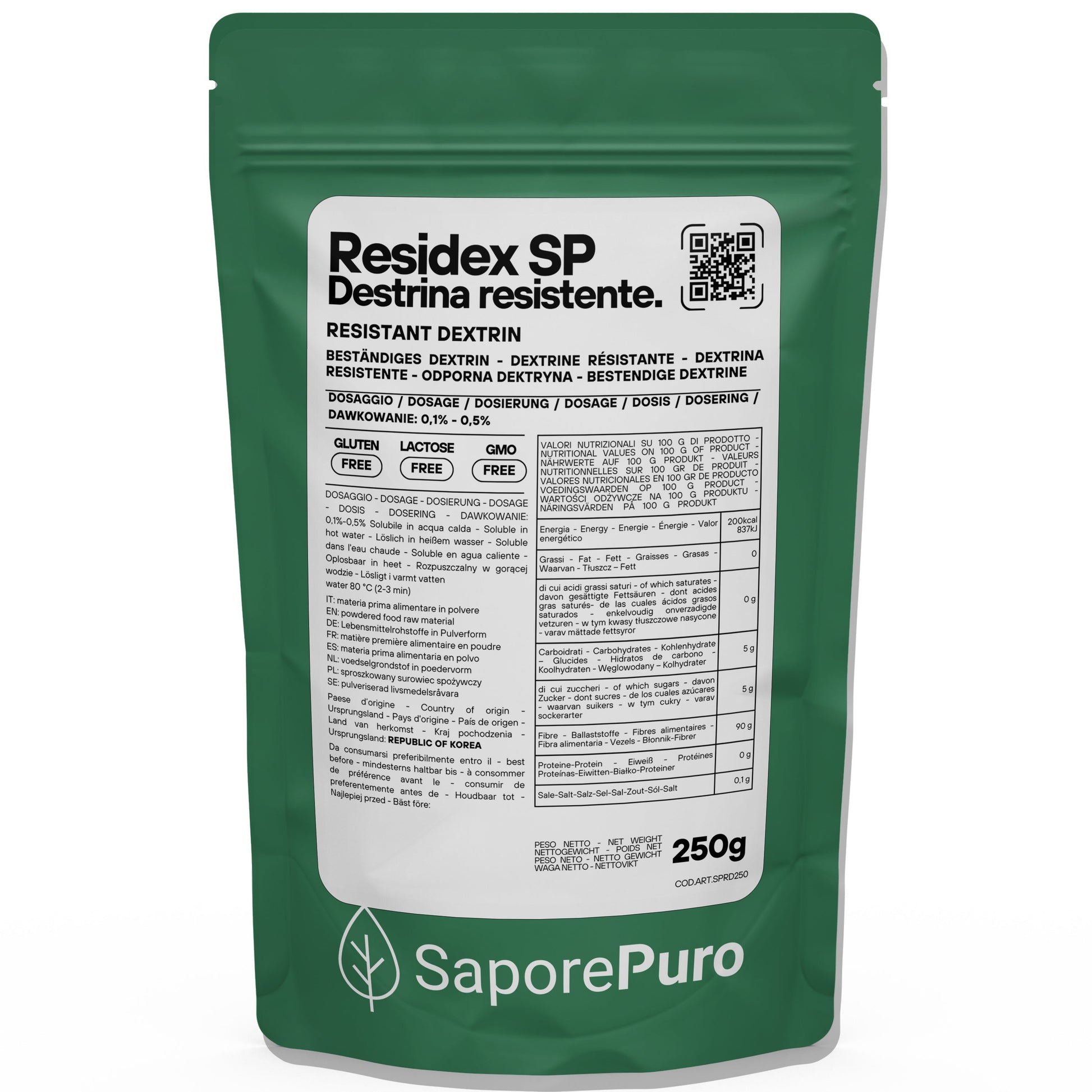 Amido resistente ResiDex SP di SaporePuro, confezione da 250g, con chicchi di mais resistente per alimenti salutari.