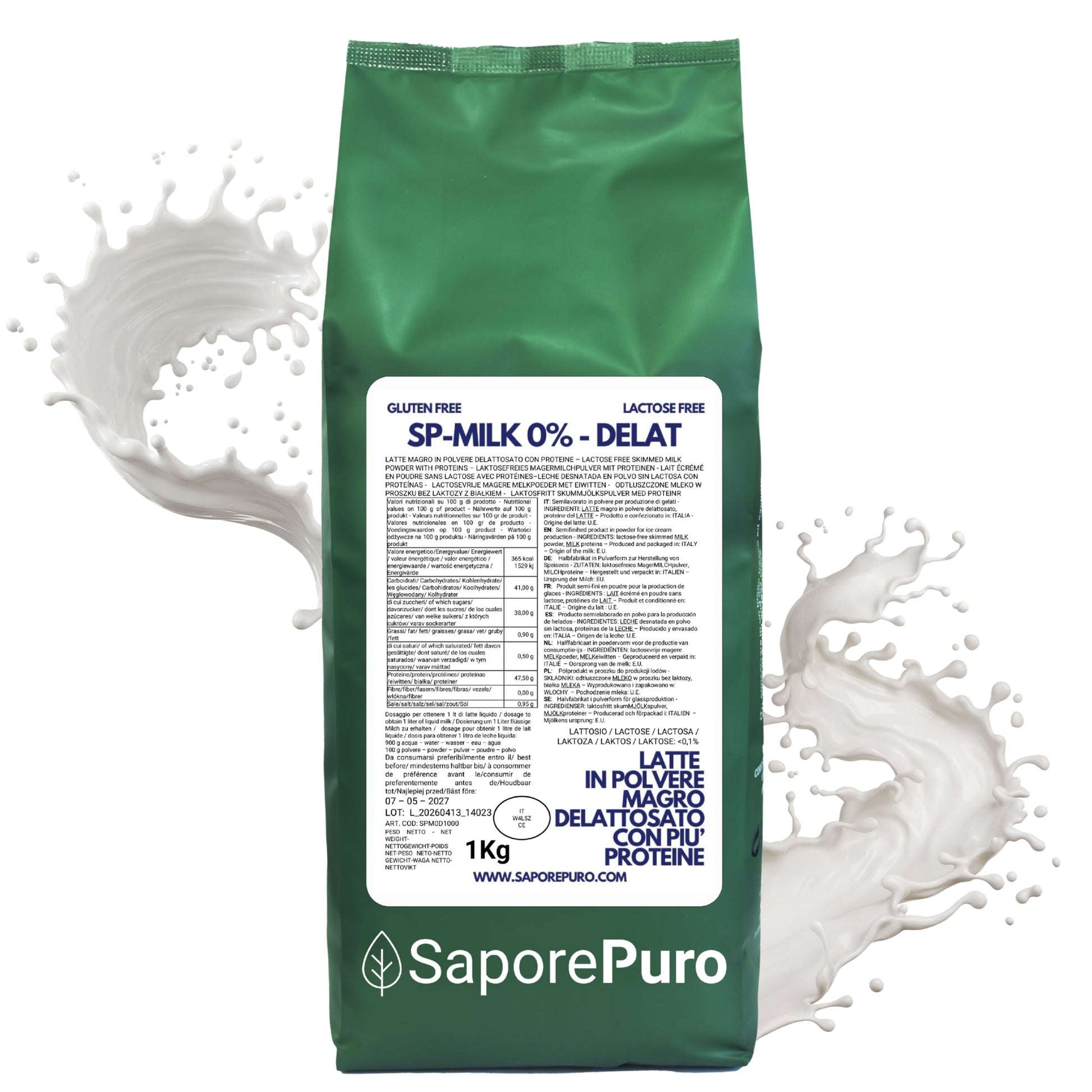 Latte magro in polvere del brand SaporePuro, latte delattosato con più proteine, ideale come sostituto del latte in polvere per gelati.
