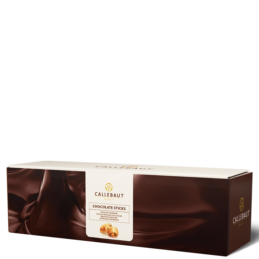 Callebaut 1.6 kg cacao baking sticks for pain au chocolat and pastry, shown as chocolate sticks in a baking setting.