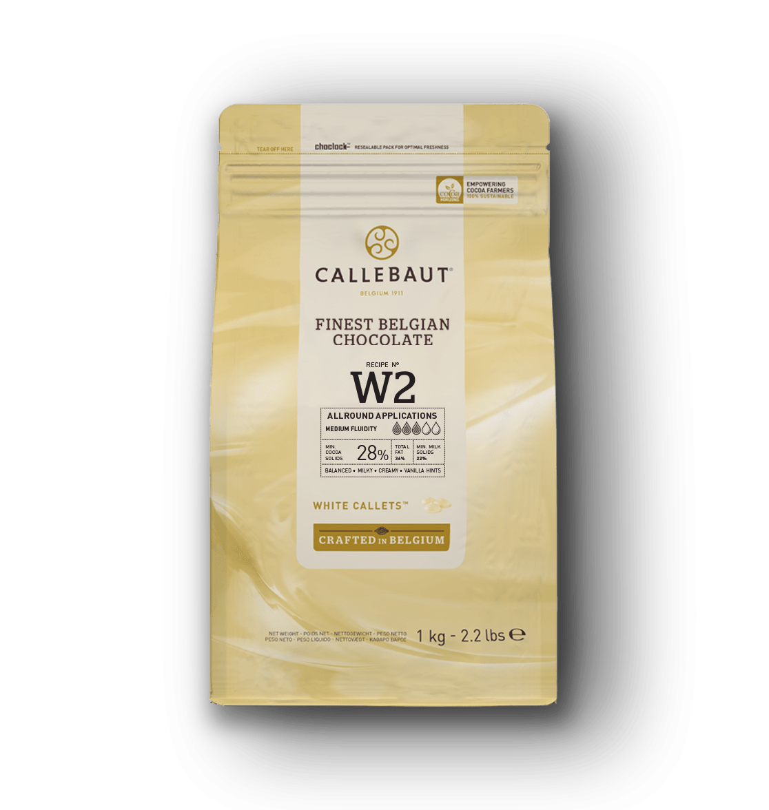 White chocolate Callebaut W2 1kg bar with smooth surface and creamy texture, ideal for baking and confectionery.