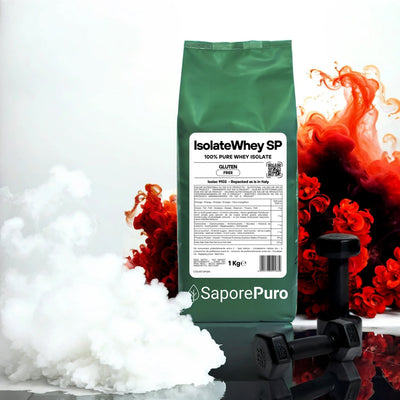 SaporePuro IsolateWhey SP protein powder container with scoop, showing the whey isolate supplement for muscle recovery and nutrition.