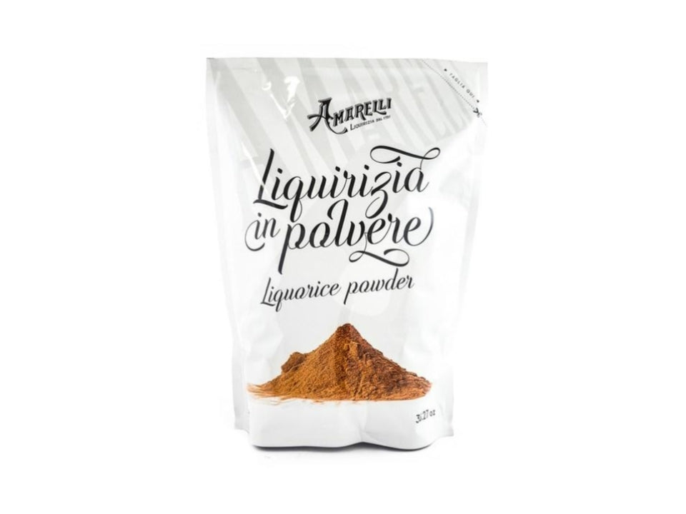 Amarelli Liquirizia in Polvere, 1 kg, fine black licorice powder in a clear container with the Amarelli label.