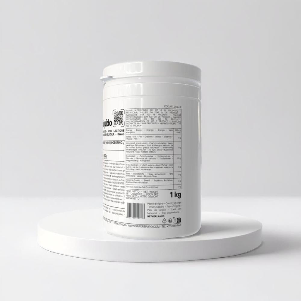 Liquid food additive Acido Lattico Liquido Alimentare by SaporePuro, shown in a clear container with a white label.