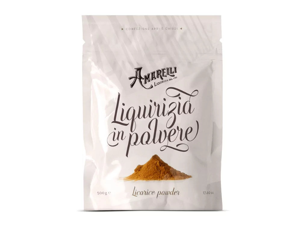 Amarelli Liquirizia in Polvere, 500g, fine black licorice powder in a clear container with a scoop.