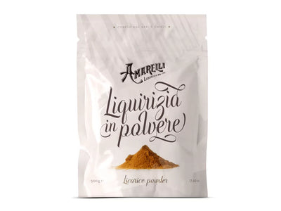 Amarelli Liquirizia in Polvere, 500g, fine black licorice powder in a clear container with a scoop.