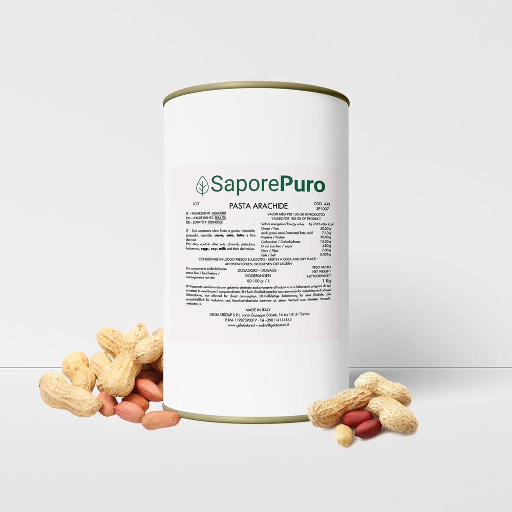SaporePuro 100% pure peanut pasta in 1kg package, creamy homemade-style peanut spread with textured surface.