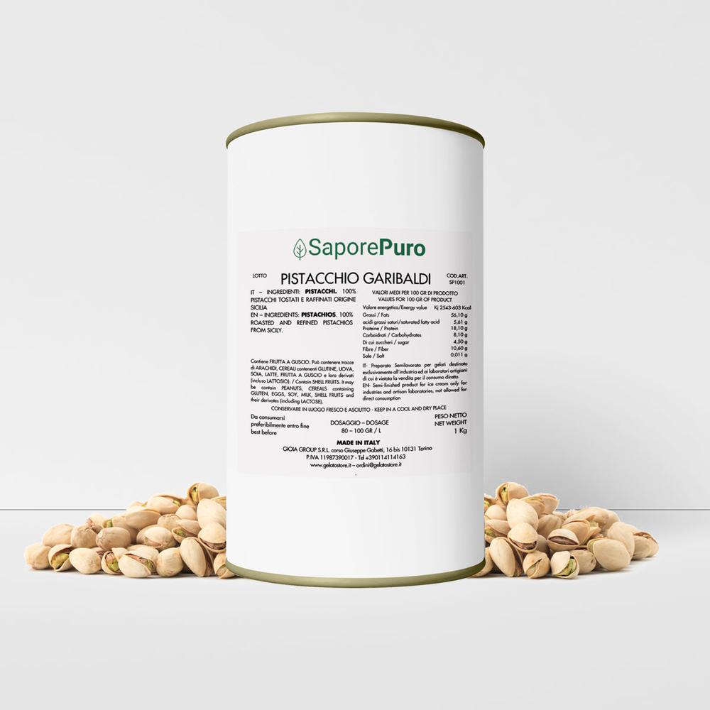 SaporePuro Pasta di Pistacchio Sicilia 1kg jar with green pistachio paste and label, showcasing the product's rich texture and packaging.