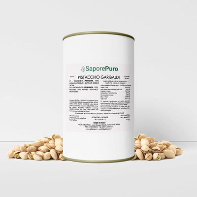 SaporePuro Pasta di Pistacchio Sicilia 1kg jar with green pistachio paste and label, showcasing the product's rich texture and packaging.