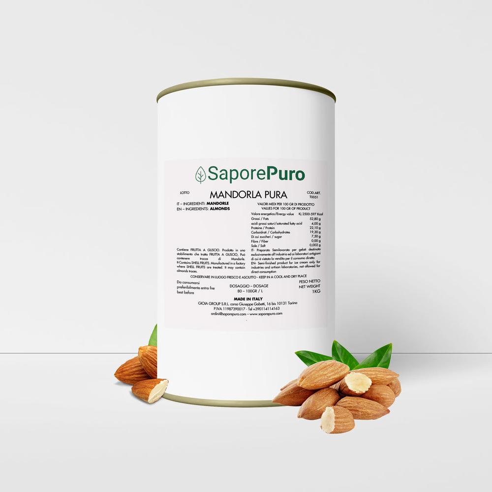 SaporePuro Pasta Mandorla Pura 100% in 1kg bag, featuring almond-shaped pasta with natural almond flavor and texture.