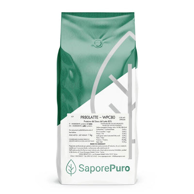 Whey protein WPC80 by SaporePuro in 8kg bulk, visible in 8 individual 1kg packages, used for cooking and baking ingredients