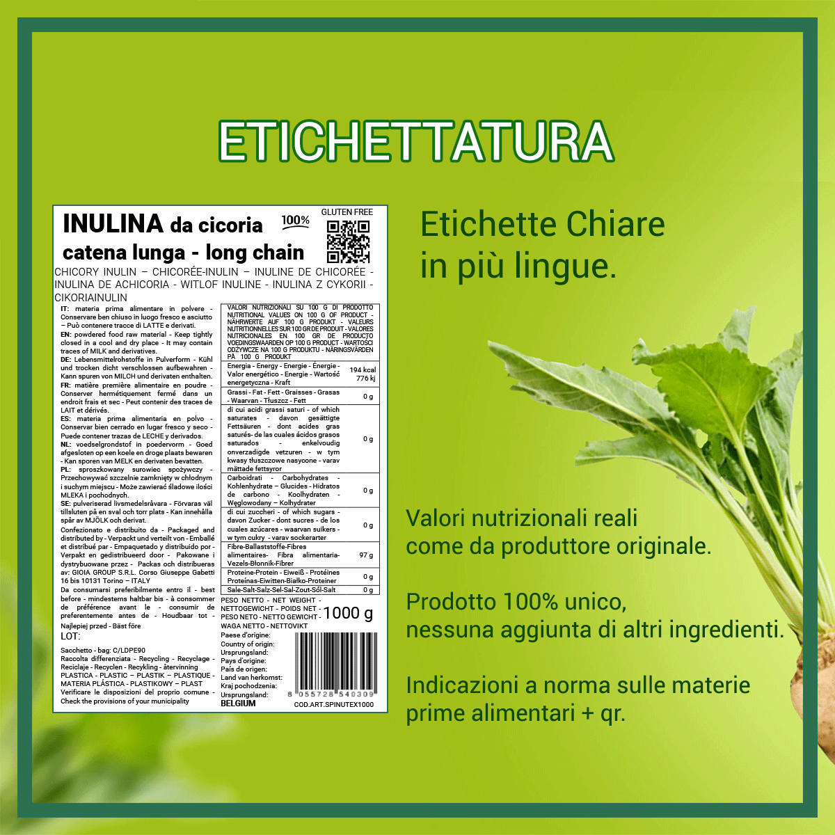 Inulina a catena lunga in polvere pura - 500gr - Origine Europa - SaporePuro