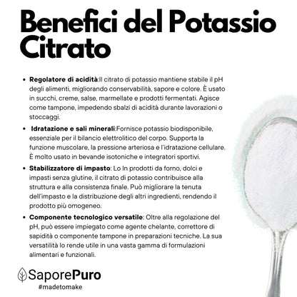 Potassio Citrato - Citrato di Potassio - 200gr - Origine GERMANIA - Sostituto del Sale - SaporePuro