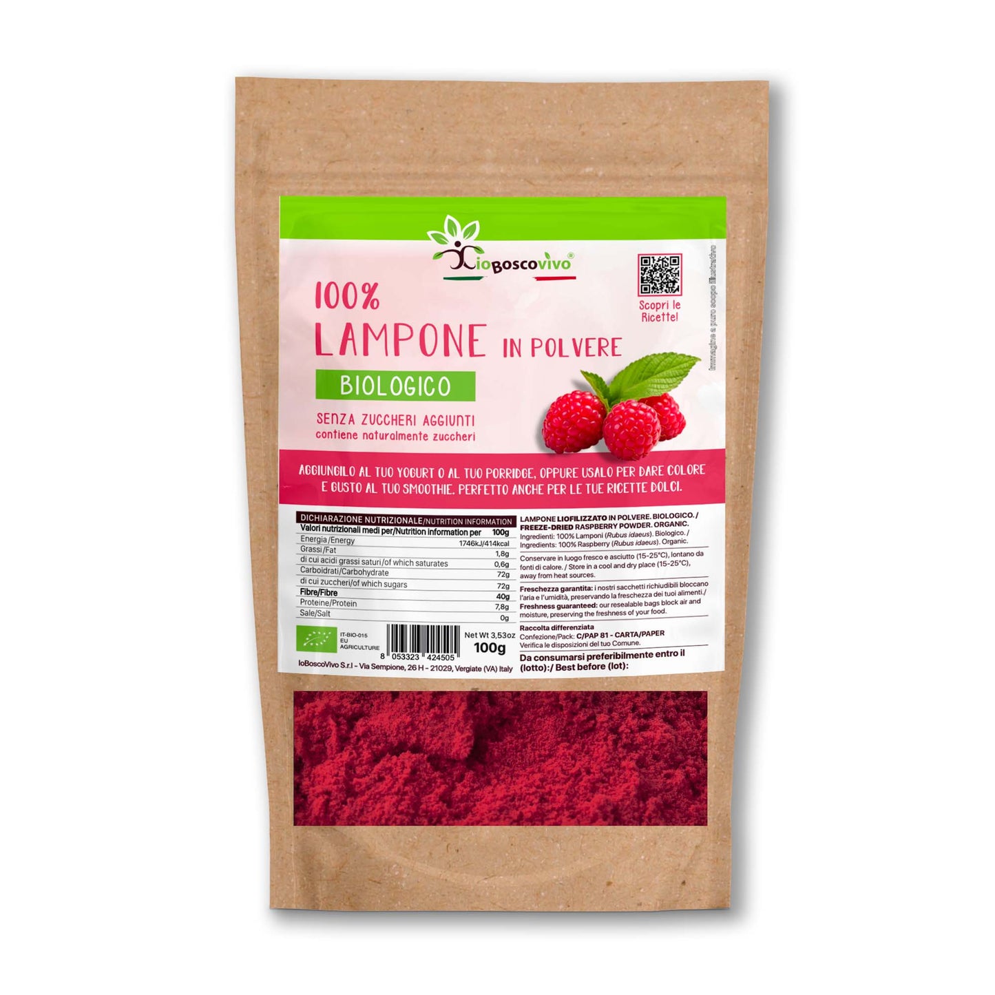 100% Lampone liofilizzato in polvere BIO - 100g Ideale per colorare le tue ricette! - GelatoStore