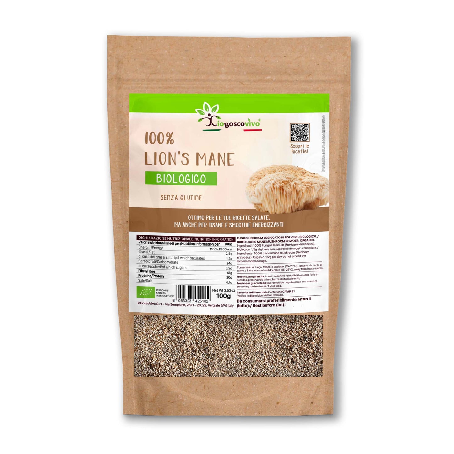 100% Fungo Lion's Mane in polvere BIO - 100g - GelatoStore