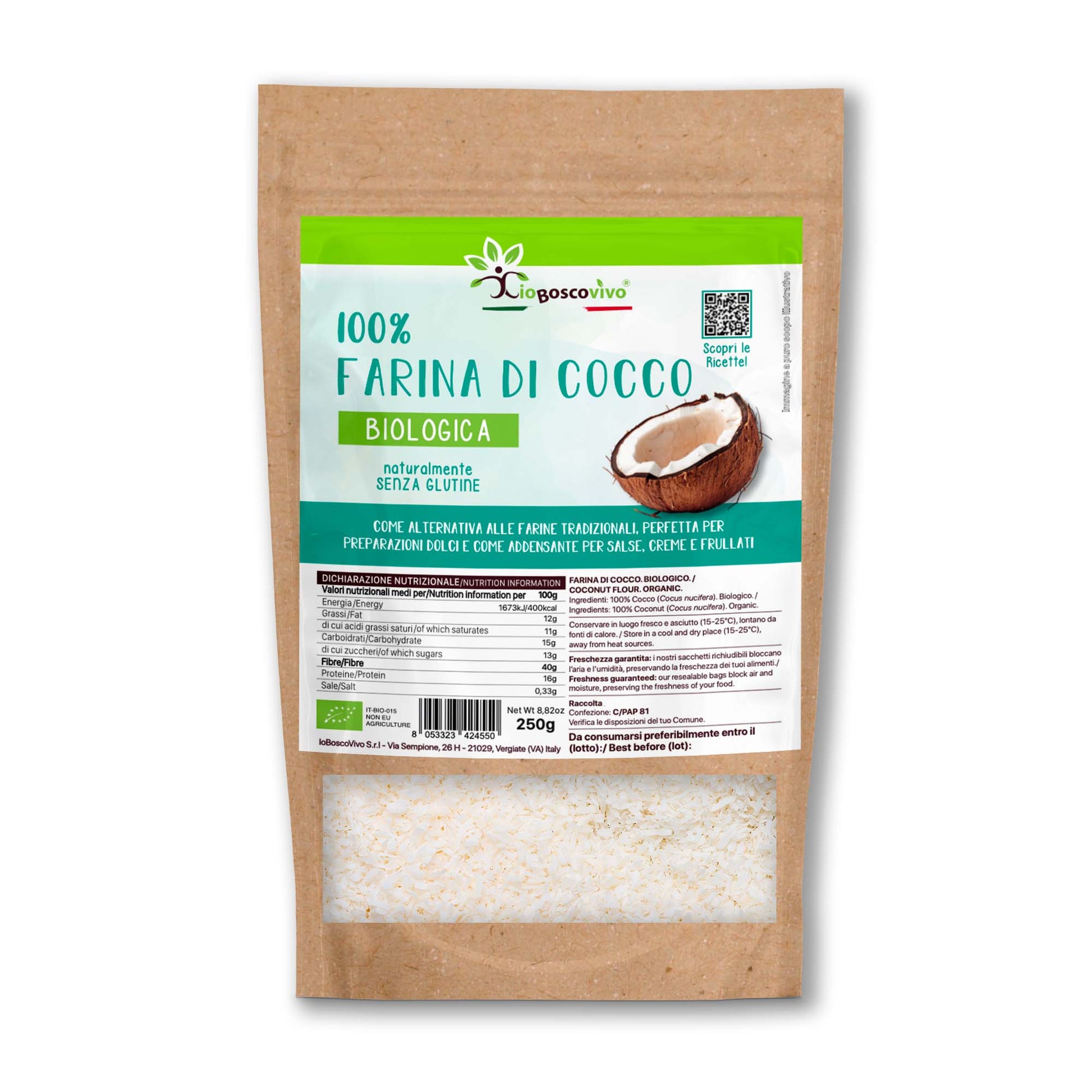 100% Farina di Cocco senza glutine BIO - 250g Ideale per Dieta Chetogenica - GelatoStore