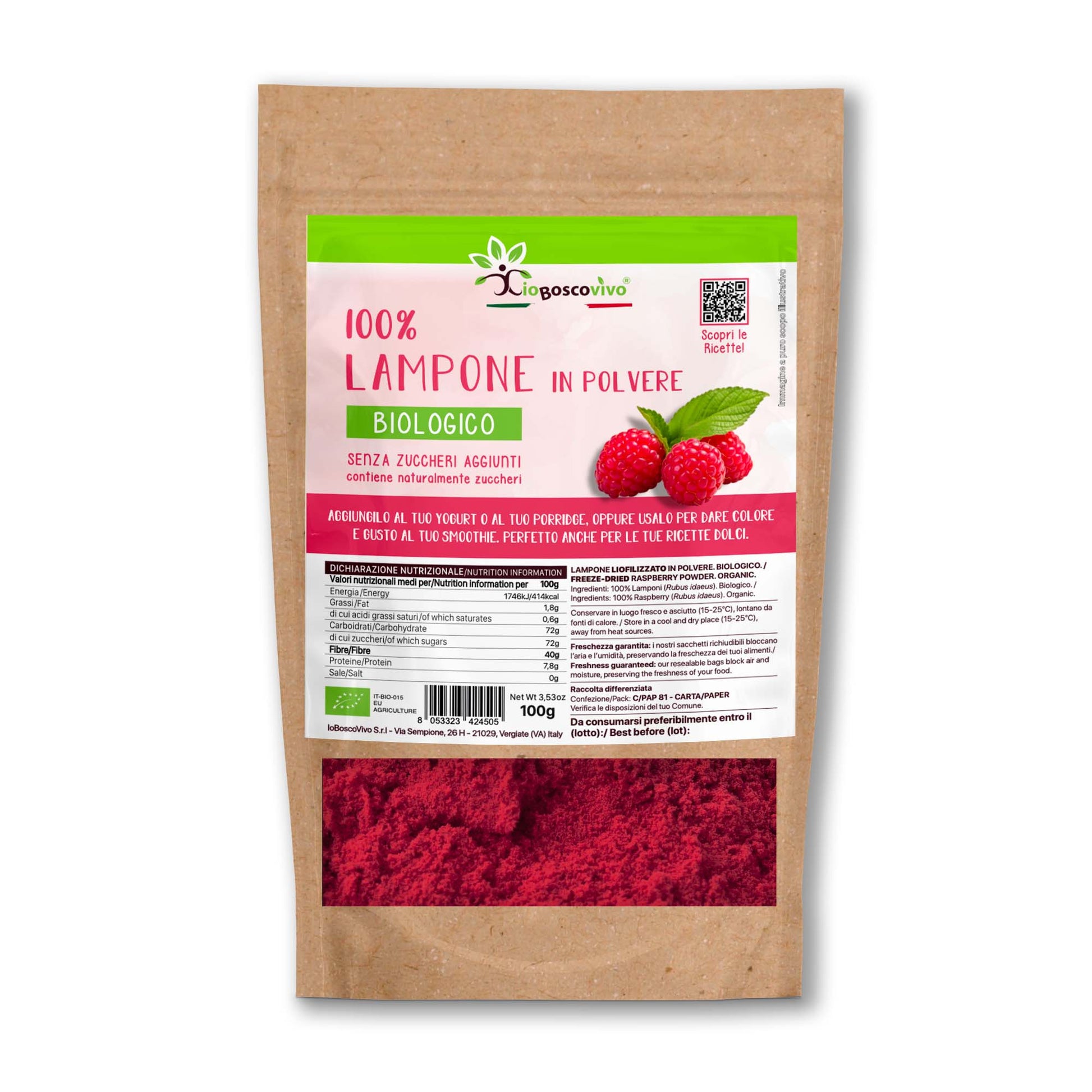100% Lampone liofilizzato in polvere BIO - 100g Ideale per colorare le tue ricette! - GelatoStore